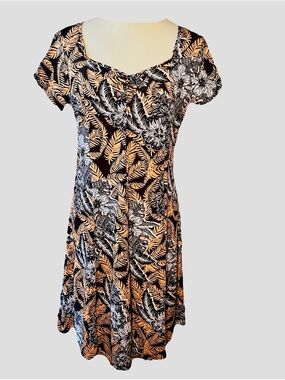 Kim Rogers Black & Peach Tropical Leaf Mini Dress